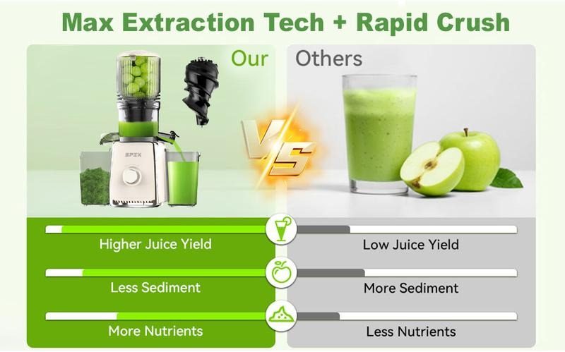 Rendement en jus supérieur, moins de pulpe, plus de nutriments